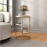3-Tiered Shelf Sintered Stone Top & Metal Frame with White & Gold End Table