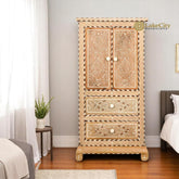 Antique Hand-carved Bone Inlay Teak Wood Almirah