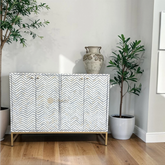 Bone Inlay Chevron Design 2 Doors Media Console Table Grey | Entertainment Unit Grey