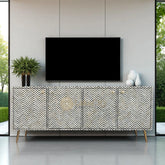 Bone Inlay Chevron Design 4 Doors Media Console Table Black | Entertainment Unit Black