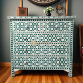 Bone Inlay Floating Flower 5 Drawers Chest Teal Green | Bone Inlay Floating Flower 5 Drawers Dresser Teal Green