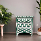 Flower Bone Inlay 3 Drawer Bedside Teal Green
