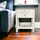 Bone Inlay Edge Floral Design Bedside Table | Floral Nightstand Table | Bone Inlay Bedside Table