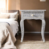 Bone Inlay Floral Design 1 Drawer Curved Long Leg Nightstand Table Grey | Bone Inlay Floral Design 1 Drawer Curved Long Leg Bedside Table Grey