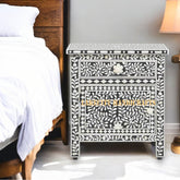 Bone Inlay Floral Design 1 Drawer & 1 Door Bedside Table Black | Bone Inlay Floral Design 1 Drawer & 1 Door Nightstand Table Black