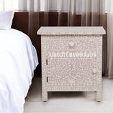 Bone Inlay Floral Design 1 Drawer 1 Door Bedside Table Blush Pink