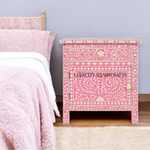 Bone Inlay Floral Design 1 Drawer & 1 Door Bedside Table Pink | Bone Inlay Floral Design 1 Drawer & 1 Door Nightstand Table Pink