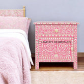 Bone Inlay Floral Design 1 Drawer & 1 Door Bedside Table Pink | Bone Inlay Floral Design 1 Drawer & 1 Door Nightstand Table Pink