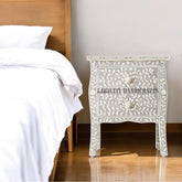 Bone Inlay Floral Design Curved 2 Drawer Bedside Table Grey