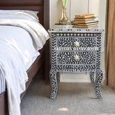 Bone Inlay Floral Design 2 Drawers Curved Leg Bedside Table Black