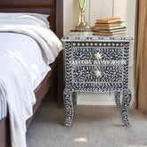 Bone Inlay Floral Design 2 Drawers Curved Leg Bedside Table Black