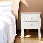 Bone Inlay Floral Design Curved Legs 2 Drawers Bedside Table White