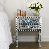 Bone Inlay Floral Design 2 Drawers Bedside Table Long Leg Black