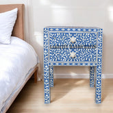 Bone Inlay Floral Design 2 Drawers Bedside Table Long Leg Blue