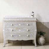 Bone Inlay Floral Design 3 Drawers Curved Leg Dresser Table Grey with Topper
