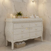 Bone Inlay Floral Design 6 Drawers Curved Leg Dresser Table White with Topper
