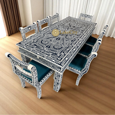 Bone Inlay Floral Design 8 Seater Dining Table Set Navy Blue