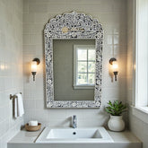 Bone Inlay Floral Design Crested Mirror Frame Black