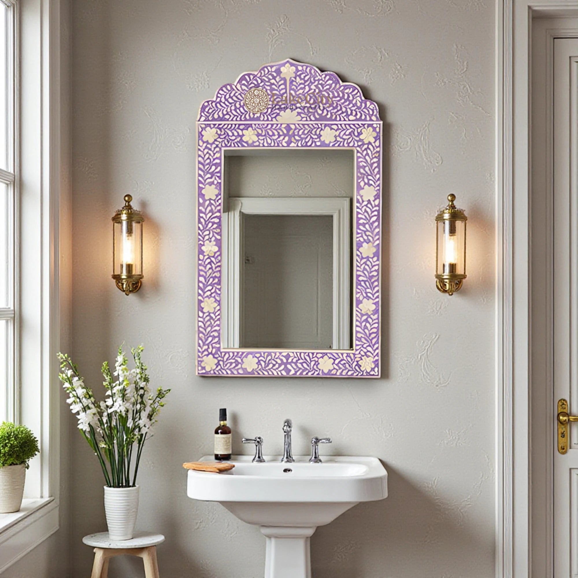 Bone Inlay Floral Design Crested Mirror Frame Purple - Lakecity Handicrafts