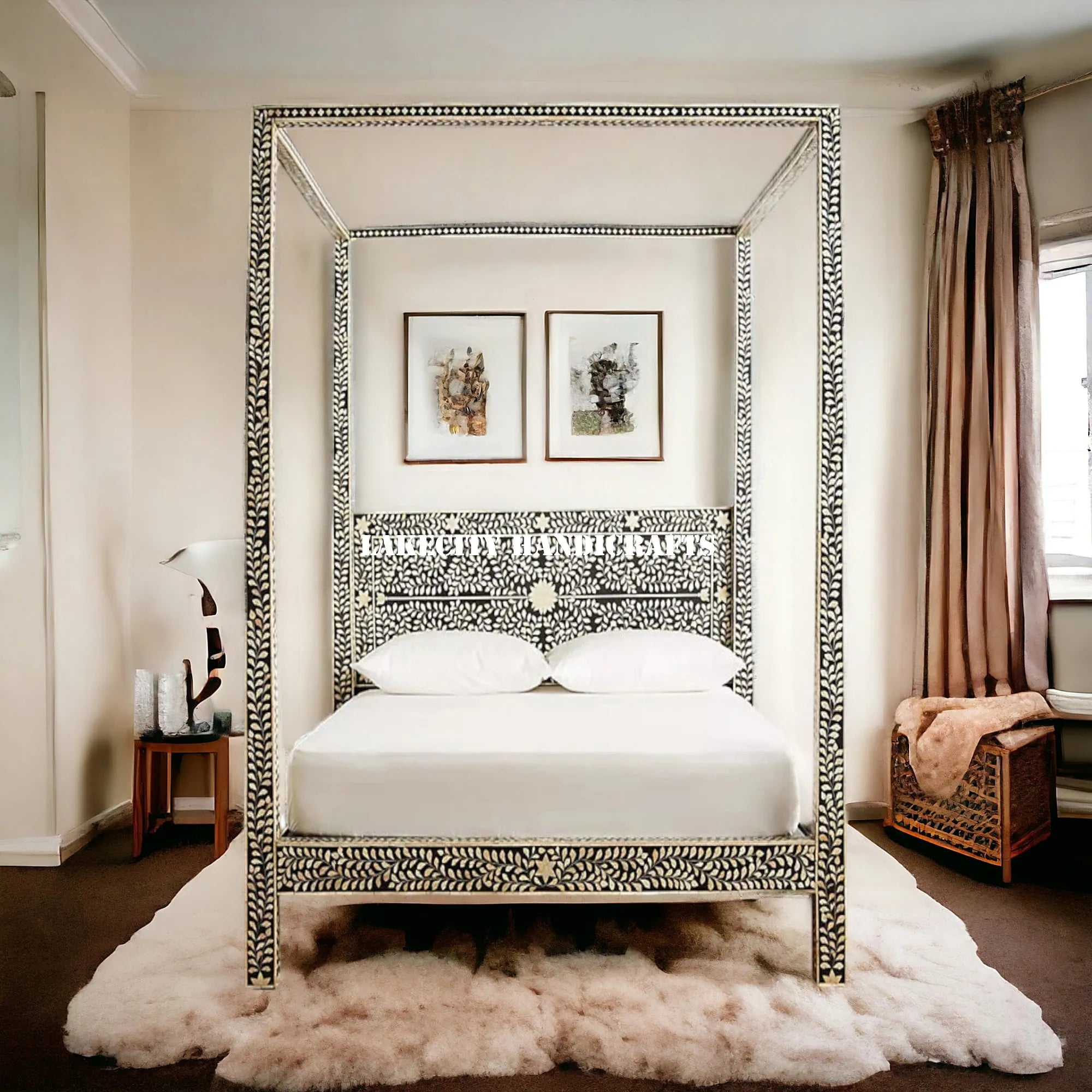 Decorative four-poster bed in a bedroom with white bedding and a textured rug.