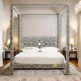 Bone Inlay Floral Design Four Poster Bed with Multi Color