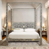 Bone Inlay Floral Design Four Poster Bed with Multi Color
