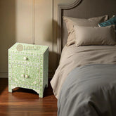 Bone Inlay Floral Design One Drawer & Two Door Bedside Table Green | Green Bedside Table
