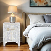 Bone Inlay Floral Design One Drawer & Two Door Bedside Table Grey | Bone Inlay Floral Design One Drawer & Two Door Nightstand Table Grey