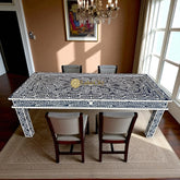 Bone Inlay Floral Design 8 Seater Dining Table Navy Blue