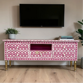 Bone Inlay Flower Design Media Console Table Pink | Entertainment Unit Pink