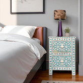 Bone Inlay Full Moroccan Design 2 Drawers Bedside Table Sage Green | Moroccan Nightstands
