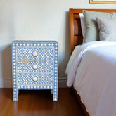 Bone Inlay Geometric Design 3 Drawers Bedside Table Blue