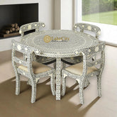 Bone Inlay Geometric Floral Round Dining Table Set Grey