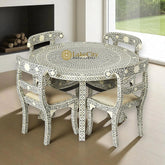 Bone Inlay Geometric Floral Round Dining Table Set Grey