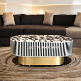Bone Inlay Geometric Illusion Design Oval Shape Coffee Table Black | Bone Inlay Geometric Illusion Design Oval Shape Center Table Black