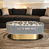 Bone Inlay Geometric Illusion Design Oval Shape Coffee Table Black | Bone Inlay Geometric Illusion Design Oval Shape Center Table Black