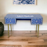 Bone Inlay Ikat Design 2 Drawers Desk Indigo Blue | Bone Inlay Ikat Design 2 Drawers Console Table Indigo Blue