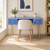 Bone Inlay Ikat Design 2 Drawers Desk Indigo Blue | Bone Inlay Ikat Design 2 Drawers Console Table Indigo Blue
