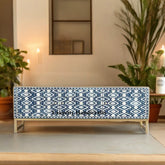 Bone Inlay Ikat Design Media Console Table Indigo Blue | Entertainment Unit