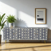 Bone Inlay Ikat Design 4 Doors Media Console Table Indigo Blue | Entertainment Unit