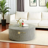 Mesa de centro con diseño de rayas y efecto hueso, color negro | Mesa de centro redonda con diseño de hueso