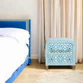 Bone Inlay Moroccan Design Waterfall 2 Drawers Bedside Table Blue