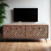 Teakwood Inlay Optical Design Media Console Brown | Teakwood Inlay Optical Design Entertainment Unit