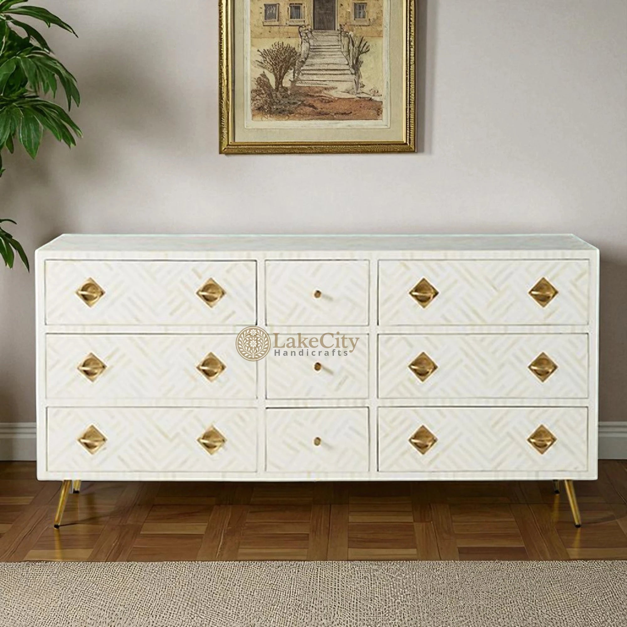 Bone Inlay Optical Design 9 Drawers Chest | Dresser Table Bone Inlay Optical Design 9 Drawers Chest | Dresser Table