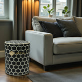 Bone Inlay Round Stool Honeycomb Design Black