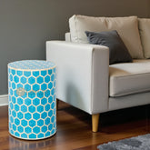 Bone Inlay Round Stool Honeycomb Design Turquoise