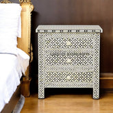 Bone Inlay Geometric Design 3 Drawers Large Bedside Table | Nightstand Table