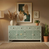 Bone Inlay Star Design 4 Drawers & 4 Doors Cabinet Table Green