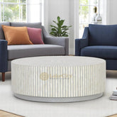 Bone Inlay Stripe Design Round Center Table Grey | Bone Inlay Stripe Design Round Coffee Table Grey
