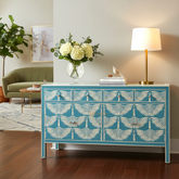 Bone Inlay Swan Design 4 Drawers & 4 Doors Sideboard Blue